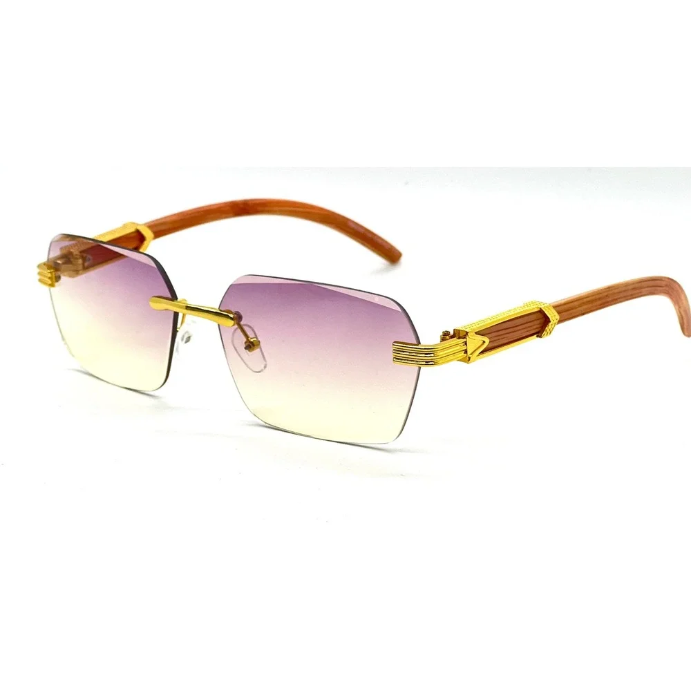 Frameless Men Rectangle Sunglasses Gold Buffs Migos Purple Yellow Gradient Lens